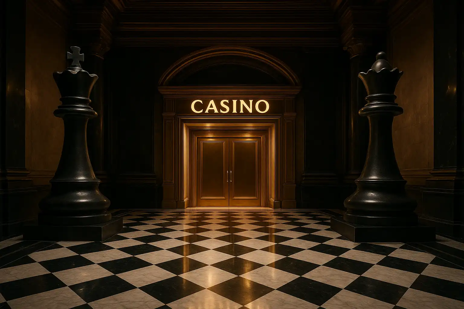 Grand chess set on marble floor beside golden slot machines inside RoyalRook Casino hall