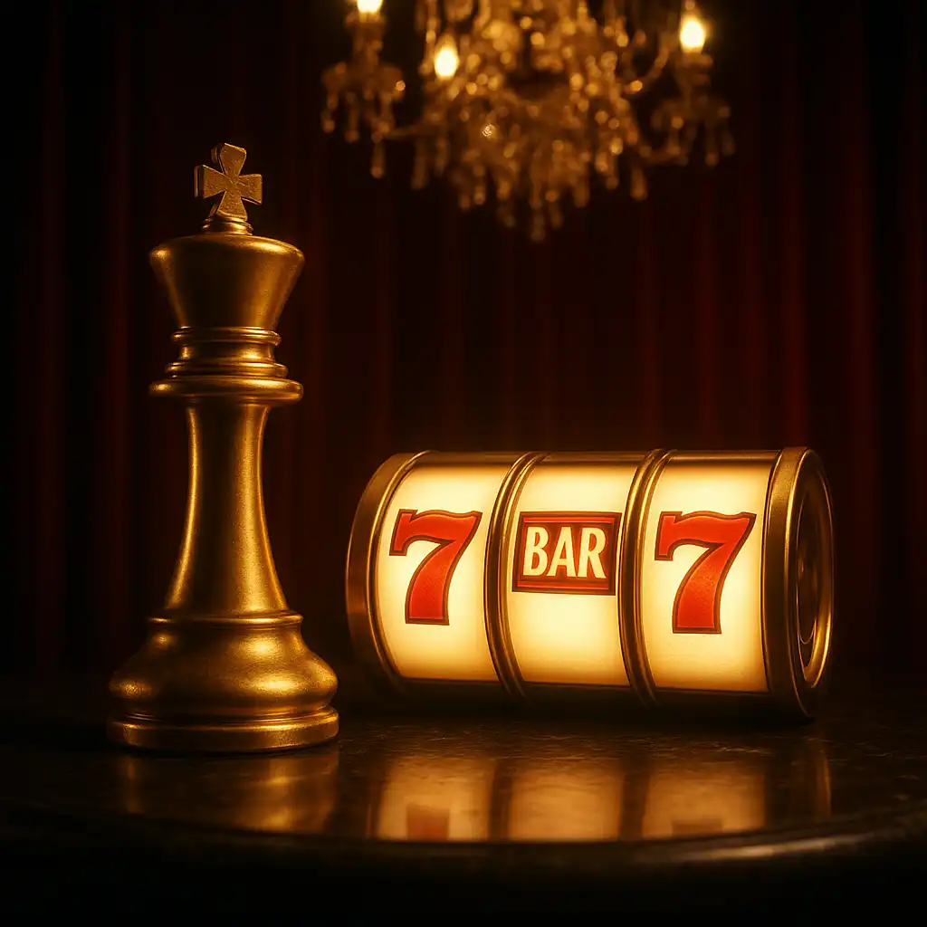Chess king piece on a marble table next to golden slot reels at RoyalRook Casino