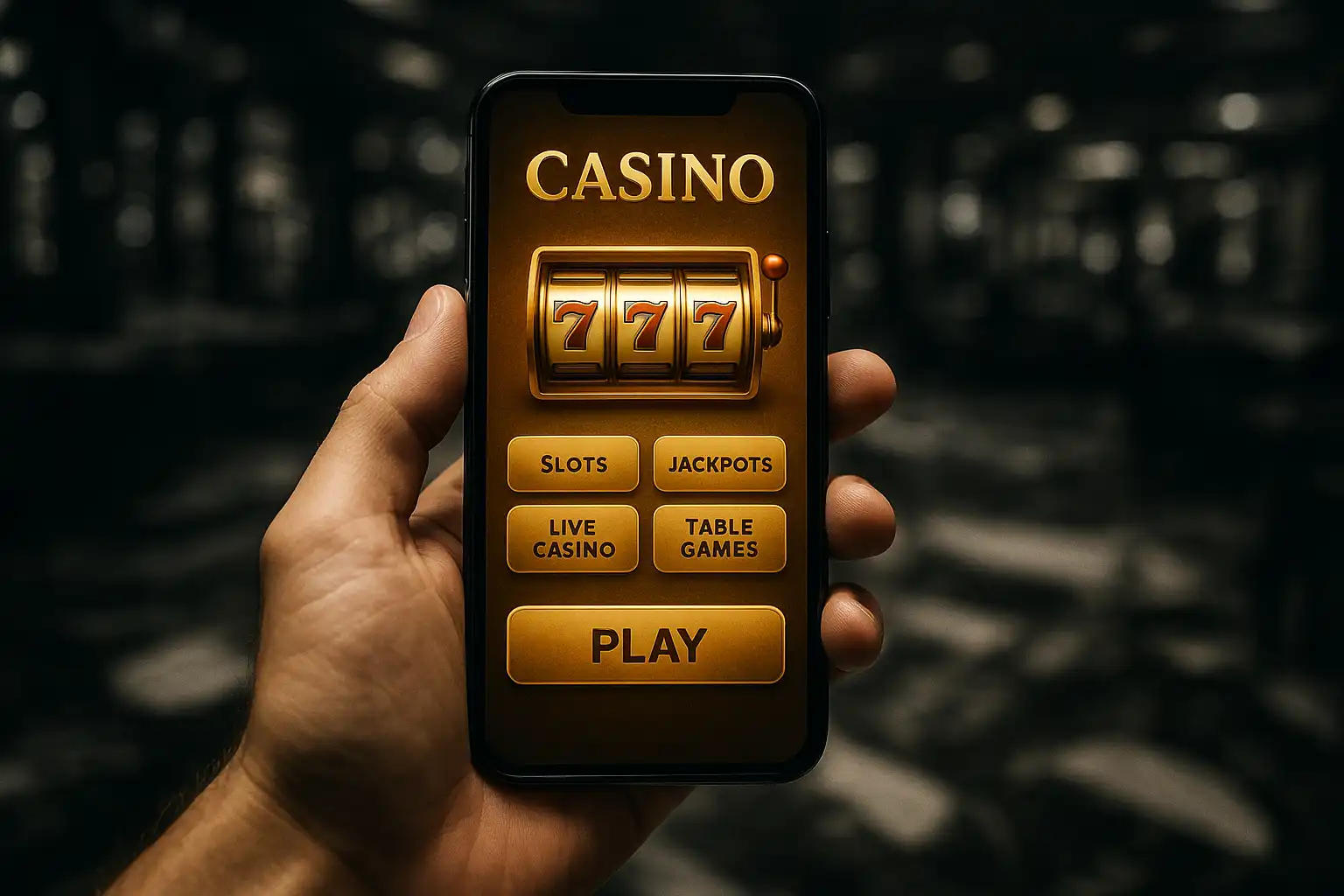 Smartphone showing RoyalRook Casino slot lobby with gold chess pieces on screen