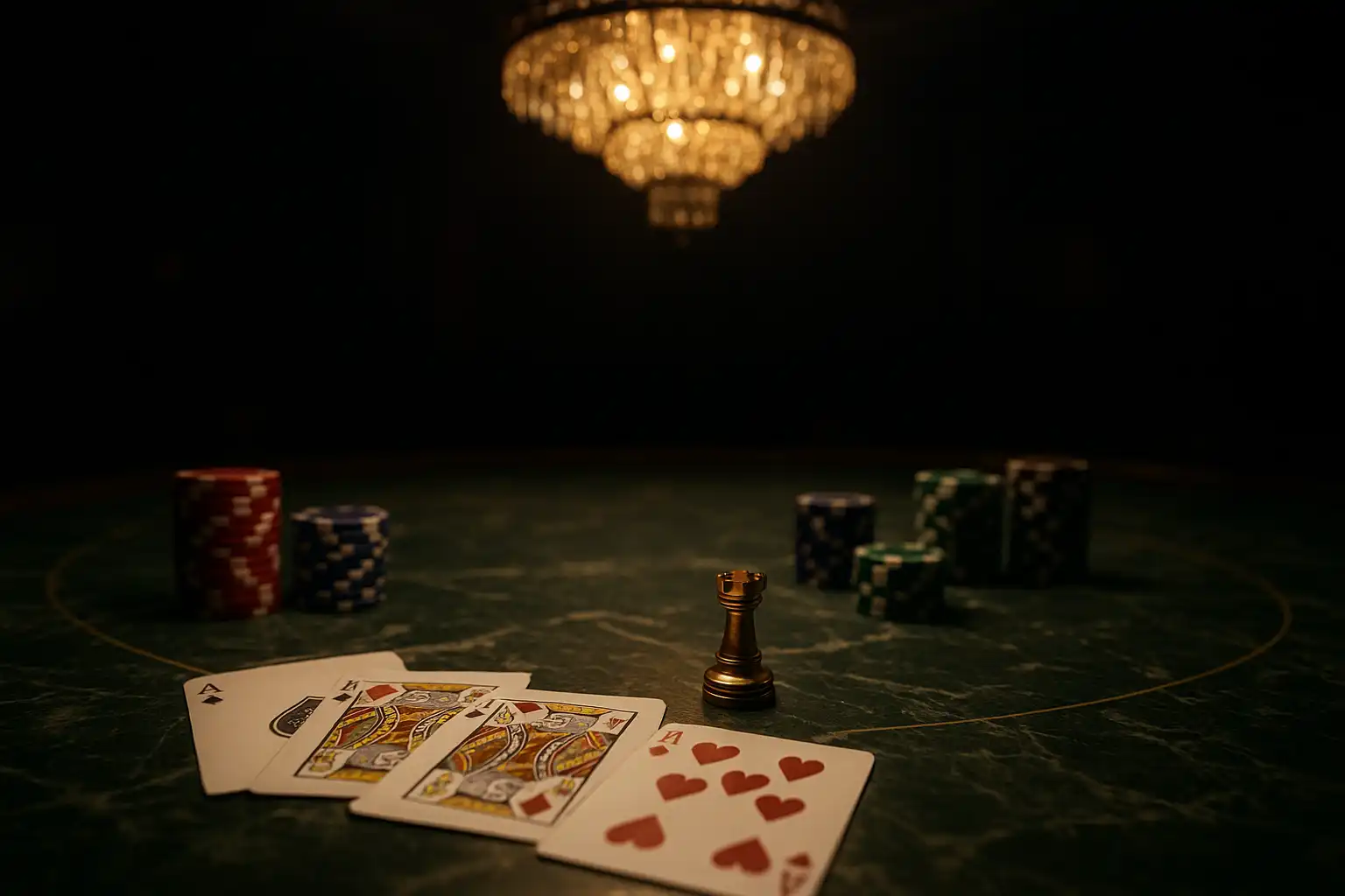 Marble table with cards and chips at RoyalRook Casino, reviewed for games and bonuses